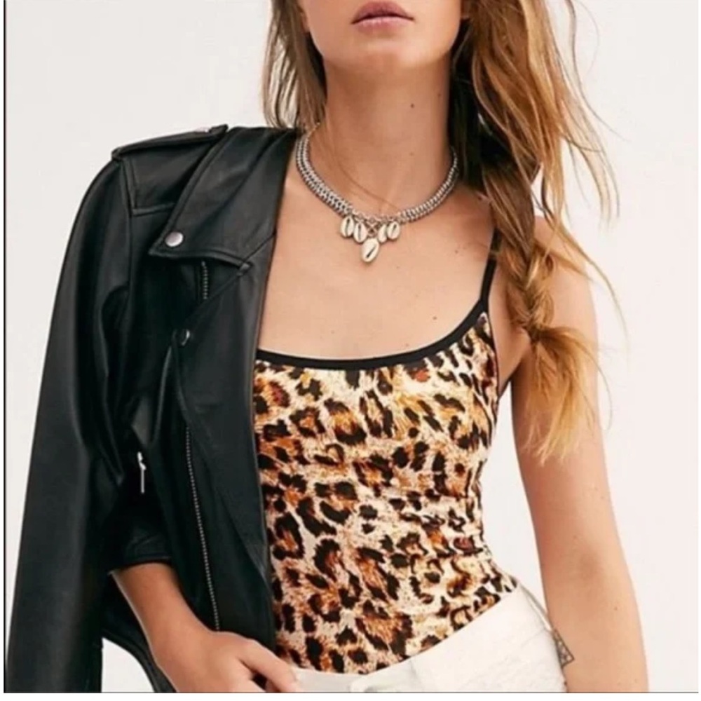 Free People Leopard Print Bodysuit in Brown Black Cream